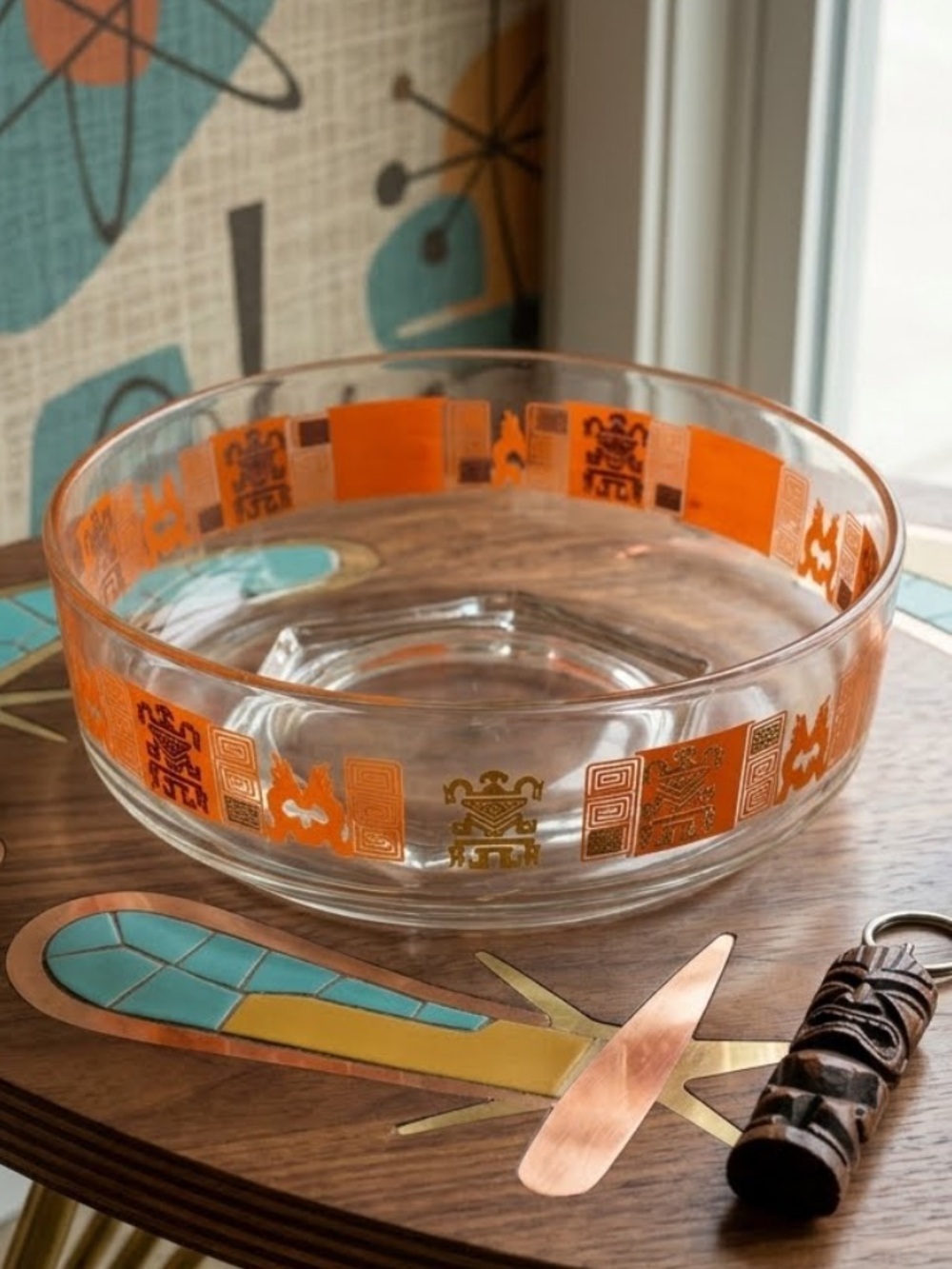 Vintage 1960s Jeannette Glass Aztec Tiki Serving Bowl
MCM
Orange Gold